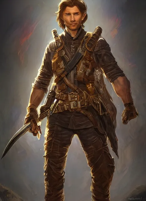 Prompt: short hair stubble male gunslinger shooter, dndbeyond, bright, realistic, dnd character portrait, full body, art by ralph horsley, dnd, rpg, lotr game design fanart by concept art, behance hd, artstation, deviantart, global illumination radiating a glowing aura global illumination ray tracing hdr render in unreal engine 5