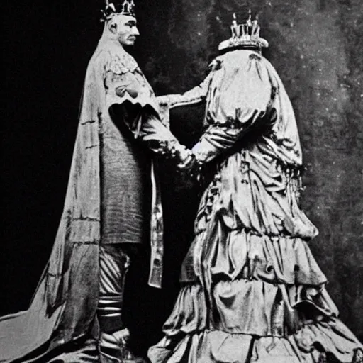 Prompt: grainy 1800s photo of a defeated and dismal human king handing his crown to triumphant cybernetic warrior overlords