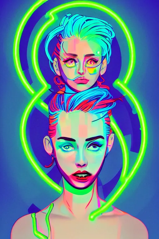 Image similar to a award winning portrait of a beautiful woman with stunning eyes in a one off shoulder croptop and cargo pants with rainbow colored hair, outlined by whirling illuminated neon lines and fine lines swirling in circles by james gilleard, digital art, trending on artstation