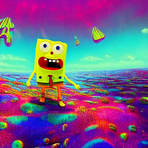 Prompt: psychedelic spongebob, epic, cinematic shot, 8k, by Bruce Pennington, sharp focus, highly detailed, saturated