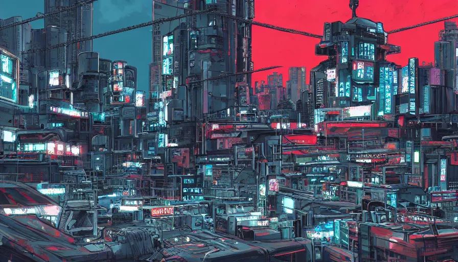 Prompt: Concept Art of neo-Tokyo Maximum Security Mint Bank, in the Style of Akira, Anime, Dystopian, Cyberpunk, Red Building, Helipad, Swat Security, Crypto Valut, Helicopter Drones, 19XX