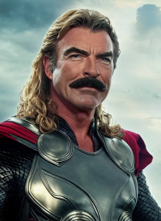 Image similar to film still of tom selleck as thor in thor, 4 k