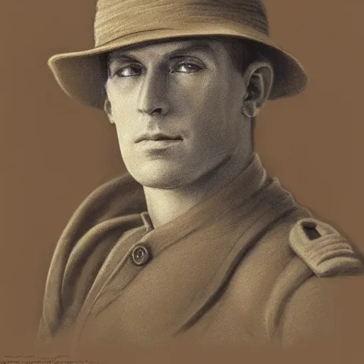 Image similar to a detailed photorealistic sepia - toned color portrait painting of a 1 9 1 7 worried clean - shaven british lieutenant in detailed field gear wearing a finely - detailed pith helmet in wadi rum, ultra realistic, intricate details, lovecraft, atmospheric, dark, horror, brooding, highly detailed, by clyde caldwell