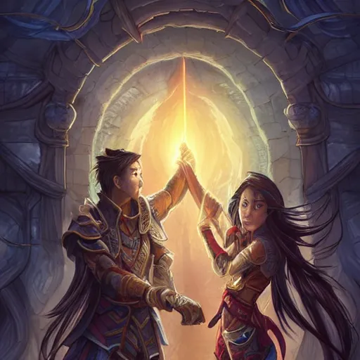 Image similar to a young couple, a human Asian male rogue and an Asian lightning goddess! hugging each other in front of the magical portal of eternity!, D&D, fantasy, intricate, elegant, highly detailed, portrait, medium shot, waist up, digital painting, artstation, concept art, matte, sharp focus, illustration, hearthstone, art by Artgerm and Greg Rutkowski and Alphonse Mucha