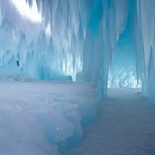 Prompt: an ice cave in iceland, glacial ice, yakutsk frozen ice cave, stalagmites, icicles, deep cave