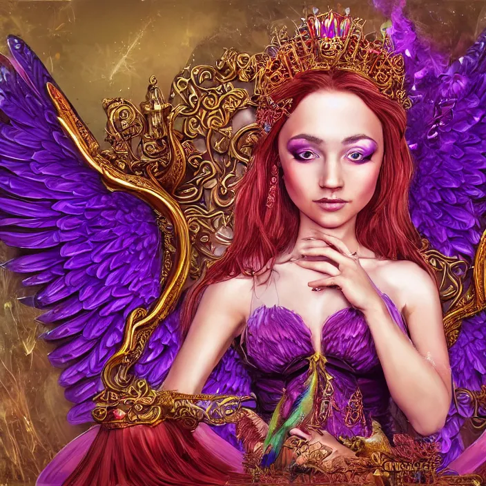 Image similar to Princess sorceress with red flaming bird wings on her back and sitting on an ornate throne dressed in a fancy long purple dress, beautiful realistic symmetrical defined face, Slight smile and open eyes, anatomically correct, Fantasy, Full Body Portrait, High detail, hyper realistic