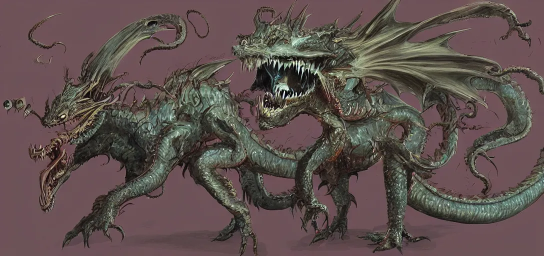 Image similar to concept art of dragon attack, lovecraftian, lots of teeth, melting horror, feathers, fighting the horrors of the unknown with laser guns