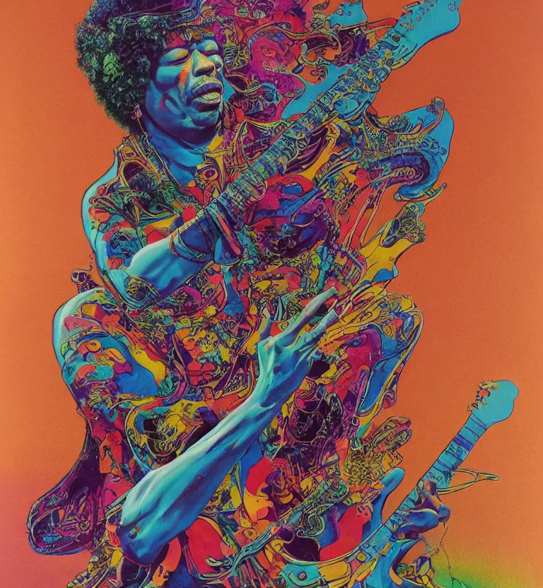 Prompt: colourful biomorphic, jimi hendrix full body, by pascal blanche and moebius and roger dean and giger and arthur rackham and syd mead and james jean and beksinski and greg hildebrandt, 8 k