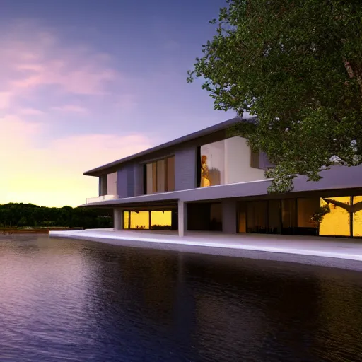 Image similar to a beautiful landscape with a singular modern house near a river at sunset in Pixar style