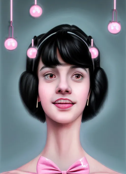 Image similar to portrait of high school girl, realistic, black hair, bangs, half updo hairstyle, pointy nose, skinny, smile, ugly, defined jawline, big chin, pink hair bow, earrings, intricate, elegant, glowing lights, highly detailed, digital painting, artstation, sharp focus, illustration, art by wlop, mars ravelo and greg rutkowski