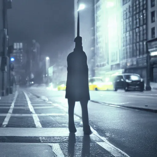 Image similar to digital art of a haunted sheet smoking a cigarette on NYC sidewalk, city lights, trending on artstation, 8k, 4k, volumetric lighting, volumetric lighting, award-winning, lighthearted, cinematic composition, hd, fun