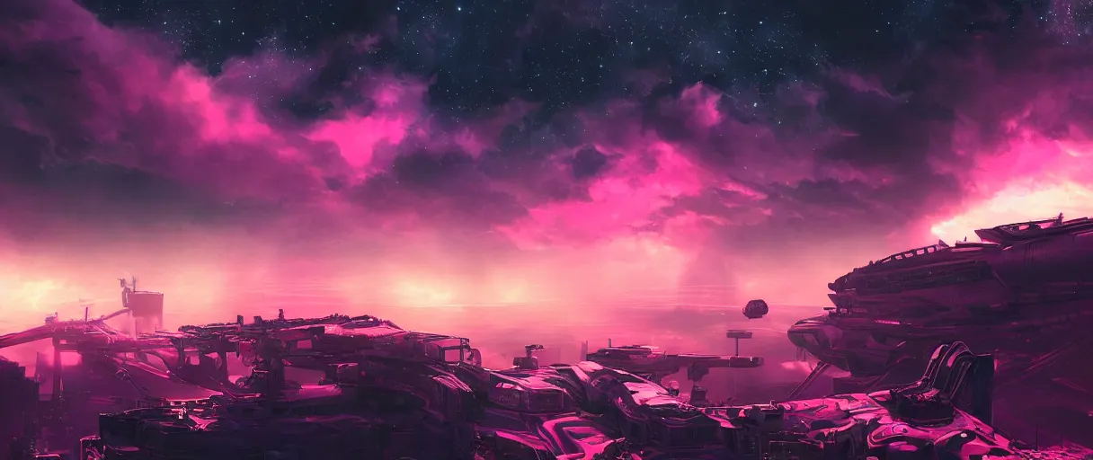 Image similar to space, mohawk, portrait big dark punk, hyperdetailed illustration, stars, pink, neon, oil painting, rich deep colors masterpiece, pirate neon ship, ultra detailed, contrast, heaven pink, clouds, volumetric light, atmospheric lighting, dramatic, cinematic, moody, octane render 4 k, 8 k