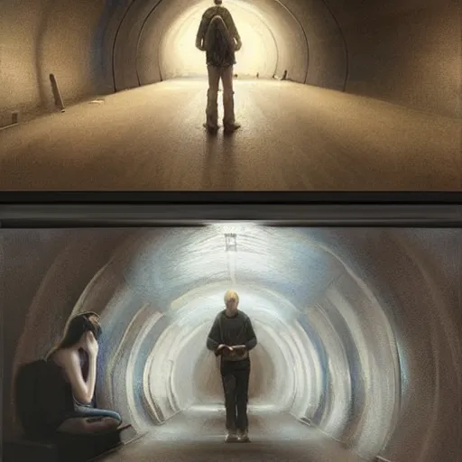Prompt: epic masterpiece of cinematographic hyperrealism where a worried teenager with depression appears in a tunnel. realistic shaded lighting poster by craig mallismo, artgerm, jeremy lipkin and michael garmash, unreal engine, radiant light, detailed and intricate environment, digital art, art station trends