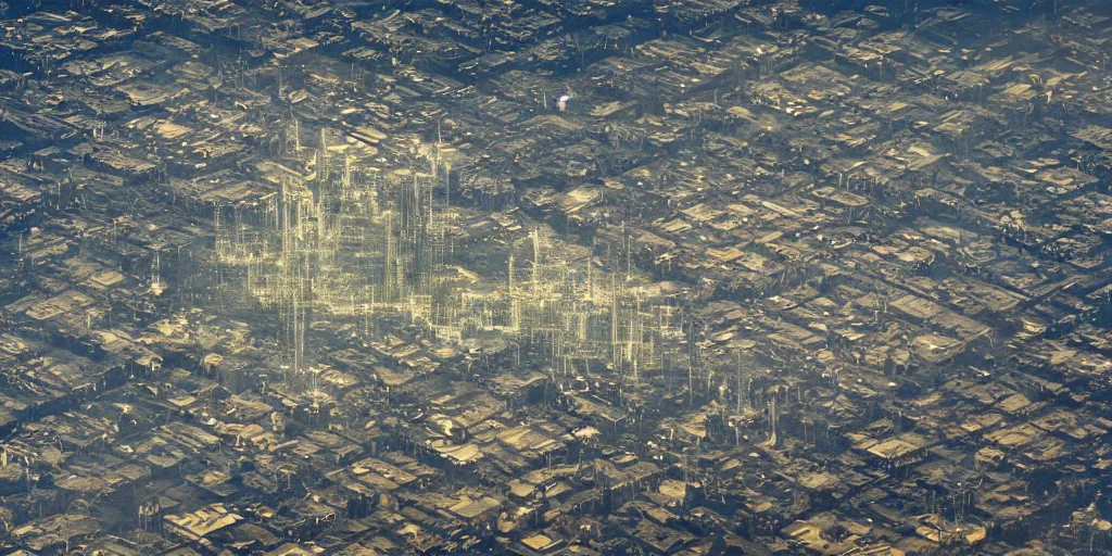 Prompt: Aerial shot of town covered in clear translucent material like glass, fantasy art