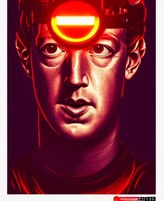 Image similar to Mark Zuckerberg with a glowing red steampunk eye implant by Steohan Martiniere and Moebius, 4k resolution, detailed