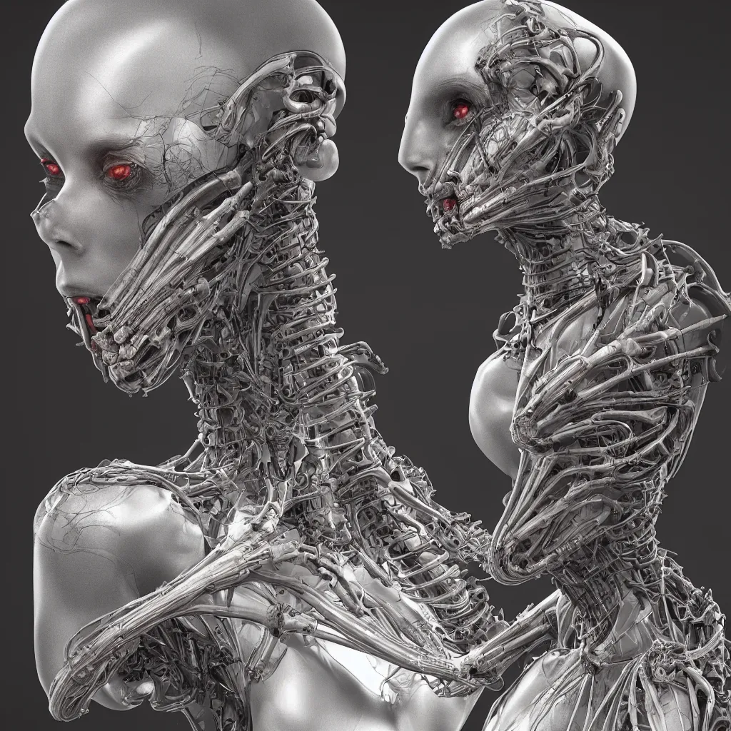 Prompt: a beautiful female is infected with a biomechanical suit, octane render, hyper realistic, art by hr giger and zdzisław beksinski, full profile, multiple angles