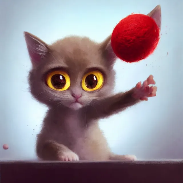 Image similar to a painting of a cute light beige kitten with dark brown ears and face and legs and tail and white paws playing with a red yarn ball. big eyes. character design by cory loftis, fenghua zhong, ryohei hase, ismail inceoglu and ruan jia. volumetric light, detailed, rendered in octane