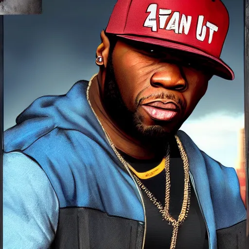 Prompt: 50 cent in a GTA 5 loading screen, concept art by Anthony McBain