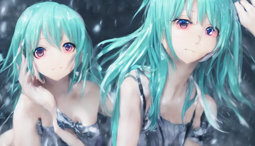 Prompt: cute anime girl by wlop, detailed eyes, heterochromia, bright detailed eyes, full body shot, ground up angle, posing, happy expression, short minidress, light clothing, light rain, hyper real, detailed digital art, hatsune miku, photorealistic