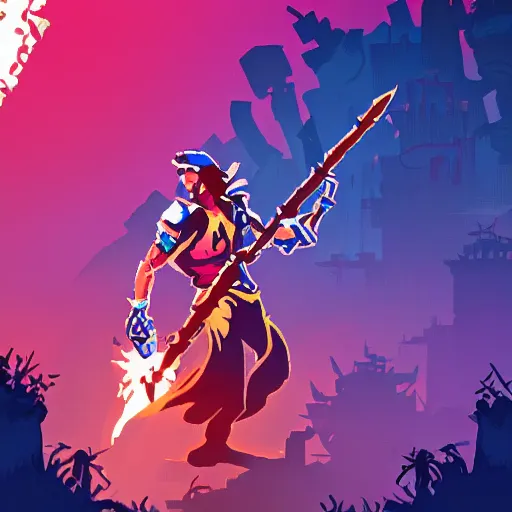 Prompt: dead cells main character holding a kopesh, ready to strike, corporate art style, three color palette