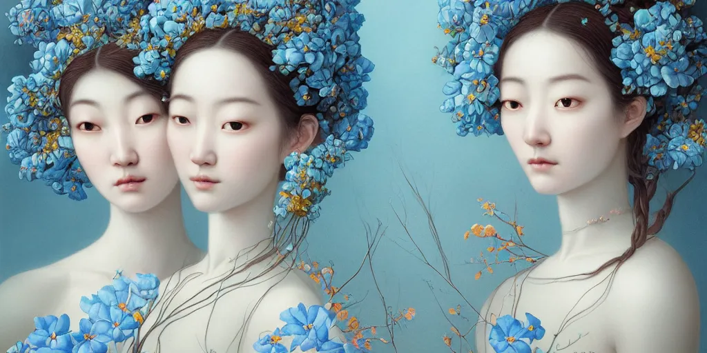 Image similar to breathtaking detailed concept art painting portrait of two goddess of light blue flowers by hsiao - ron cheng, carroty hair, orthodox saint, with anxious piercing eyes, vintage illustration pattern background with bizarre compositions blend of flowers and fruits and birds by beto val and john james audubon, exquisite detail, extremely moody lighting, 8 k