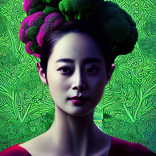 Image similar to the portrait of an unbelievably beautiful, elegant, and sophicated young kim tae hee partially made of broccoli, an ultrafine detailed illustration by james jean, intricate linework, bright colors, final fantasy, behance contest winner, vanitas, angular, altermodern, unreal engine 5 highly rendered, global illumination, radiant light, detailed and intricate environment