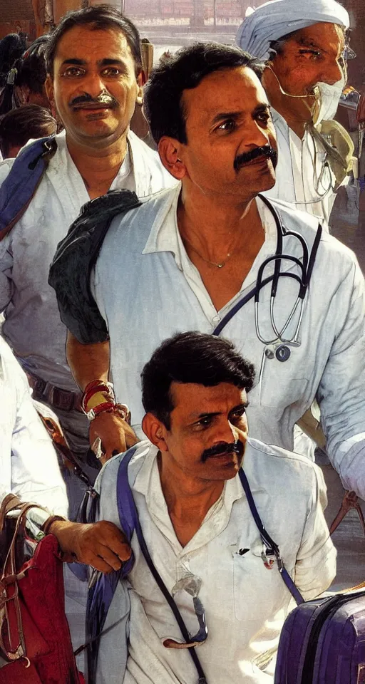 Image similar to close up of an Indian doctor in scrubs disembarking from an airplane at Heathrow in 2022, sun shining, photo realistic illustration by greg rutkowski, thomas kindkade, alphonse mucha, loish, norman rockwell.