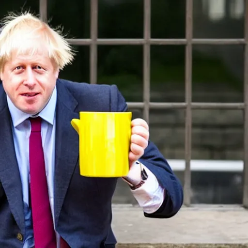 Image similar to Boris Johnson wearing suit and necktie drinking tea from a yellow mug