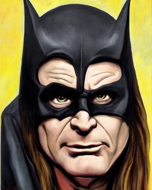 Image similar to portrait of Ozzy Osbourne as batman, art by Carel Fabritius