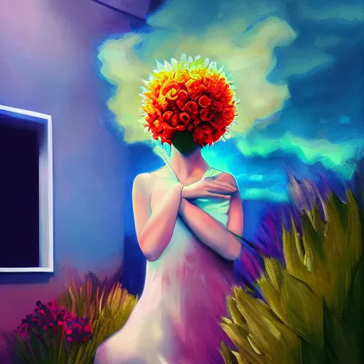 Image similar to giant flower under head, woman next to modern windows, luxury apartment, surreal photography, dramatic light, impressionist painting, digital painting, artstation, arthur adams