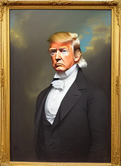 Prompt: portrait of the united states president, 1 8 6 7, donald trump. standing in the oval office. oil on canvas by william sidney mount, trending on artstation