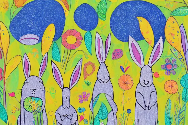Prompt: beautiful art illustration of a group of rabbits by laurel burch, highly detailed