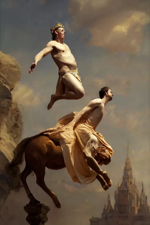 Image similar to beautiful oil painting portrait of ancient roman god emperor steve buscemi floating in the air wearing the civic crown levitating and ascending in a religious pose, ascension, art by anders zorn, wonderful masterpiece by greg rutkowski, expressive brush strokes, beautiful cinematic light, american romanticism by greg manchess, jessica rossier