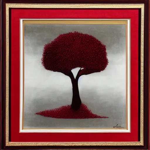 Prompt: tree made of velvet, velvet art, etching, velvet etching, velvet tree, red velvet material