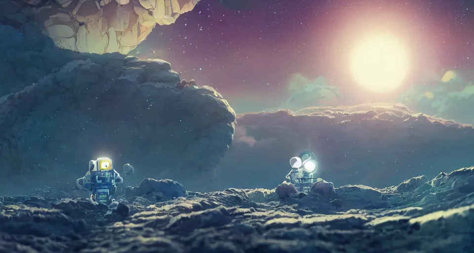 Image similar to astroneer chasing a distant spaceship Anime, wide angle, fine details, cinematic. galaxy starscape. realistic shaded lighting by Ilya Kuvshinov Giuseppe Dangelico Pino and Michael Garmash and Rob Rey greg rutkowski, octane render, IAMAG premiere, aaaa achievement collection, elegant freckles, cinematic hologram, fabulous, daily deviation, 4k, 8k, annual award winner