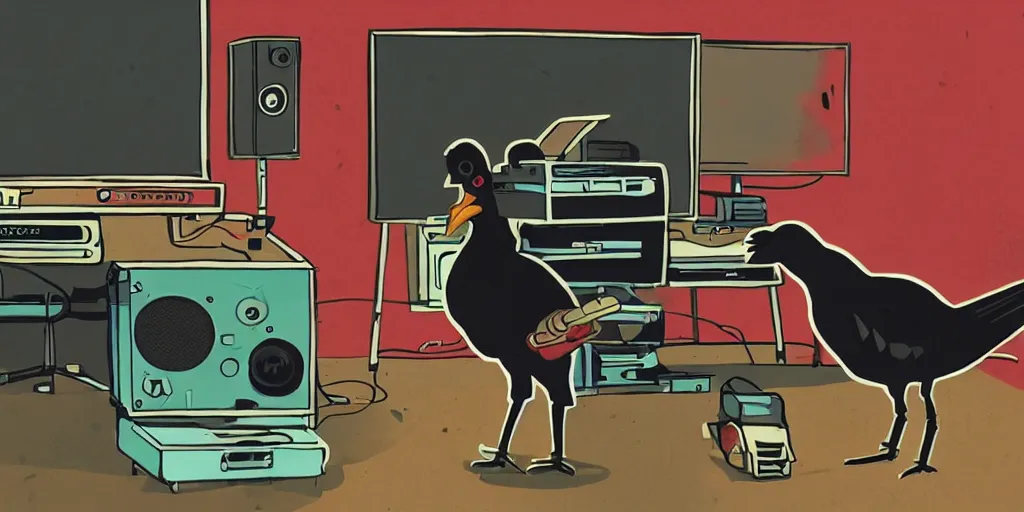 Image similar to 'black chicken'!!! smoking 'cannabis!!!!!!' in front of 'audio console'!!!! and 'multi monitors!!!!!!' in a tv broadcasting studio, artwork by James Gilleard