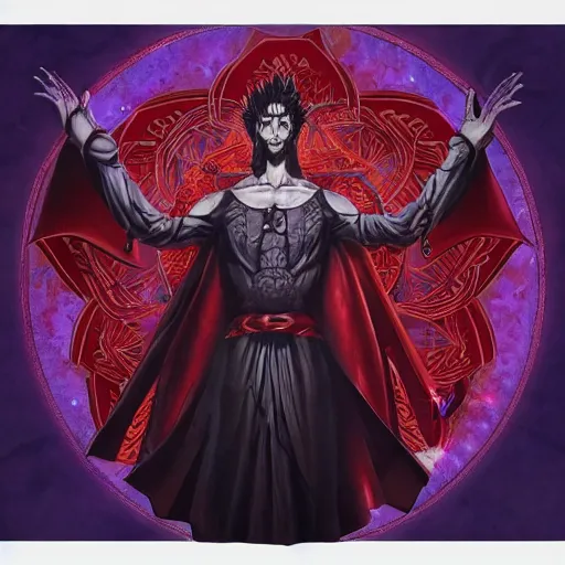 Image similar to 4K headshot portrait of godlike Warlock of Nazareth with defined arms and open hands and bloody clothes with giant mandala wings , intricate face , flawless anime cel animation by Kentaro Miura, psychedelic , highly detailed upper body , professionally post-processed , beautiful, scary, symmetry accurate features, epic, octane rendered, anime masterpiece, accurate by Craig Mullins, ilya kuvshinov, krenz cushart, epic , artgerm trending on artstation by Edward Hopper and Dan Mumford and WLOP and Rutkovsky, beksinski carl spitzweg moebius and tuomas kocar, intricate artwork by caravaggio, Unreal Engine 5, Lumen, Nanite