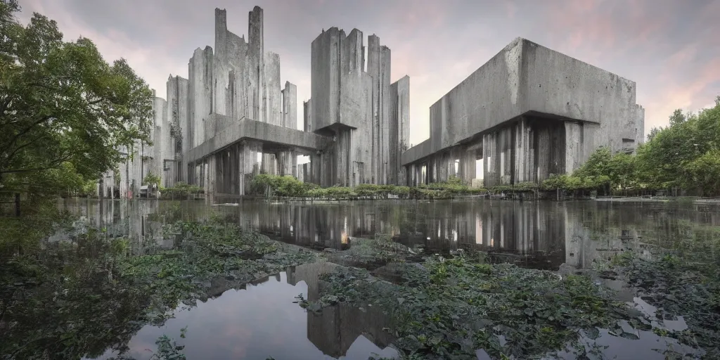 Image similar to an extremely detailed cathedral of brutalist architecture, surrounded by lush green forest, accurate reflections in murky ponds of water, stunning volumetric lighting, sunset, rusted steel, smooth concrete, stunning skies, trending on Artstation, 8k, photorealistic, hyper detailed, unreal engine 5, IMAX quality, cinematic, epic lighting, in the style of Greg Rutkowski