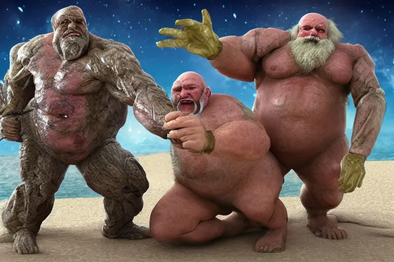 Image similar to photo, friends, man two old hairy fat ugly men! fighting alien monsters 3 5 5 4 7 on a beach, highly detailed, scary, intricate details, volumetric lighting, front view