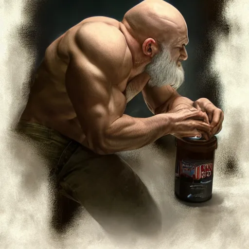 Image similar to Epic portrait, muscular man with basic clothes trying to open a jar of pickles, bald, bearded, scary, digital painting, artstation, concept art, soft light, hdri, smooth, sharp focus, illustration, fantasy, intricate, elegant, highly detailed, D&D, matte painting, in the style of Greg Rutkowski and Alphonse Mucha and artemisia, 8k,