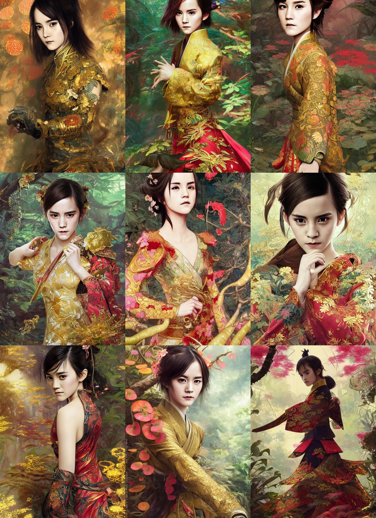 Prompt: asian japanese emma watson wearing golden furisode, rafflesia, nepenthes, jungle background, intricate, highly detailed, concept art, sharp focus, illustration, artgerm, ruan jia, jurgens, aleksi briclot, mucha