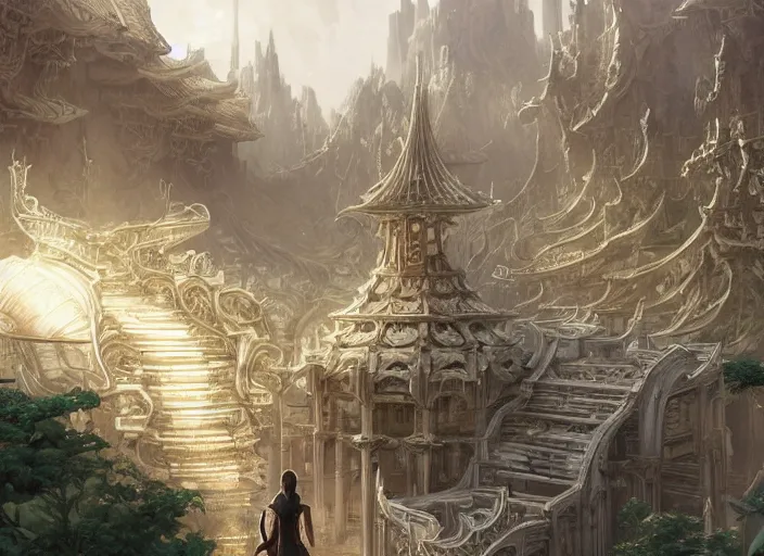 Image similar to A wide open courtyard in a beautiful elven city made of ivory, anime, Singaporean gets nuked and turned into a radioactive wasteland terraces, intricate, elegant, luxurious, digital painting, concept art, smooth, sharp focus, from Star Trek 2021, illustration, by WLOP and Ruan Jia and Mandy Jurgens and William-Adolphe Bouguereau, Artgerm