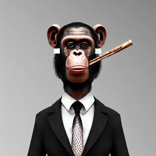 Image similar to a high detail photo of an antropomorphic chimp wearing a suit smoking a cigarrette, subject= chimp, subject detail: wearing a suit, subject action: smoking a cigar, photorealism, dramatic lighting, award winning photograph, trending on artstation