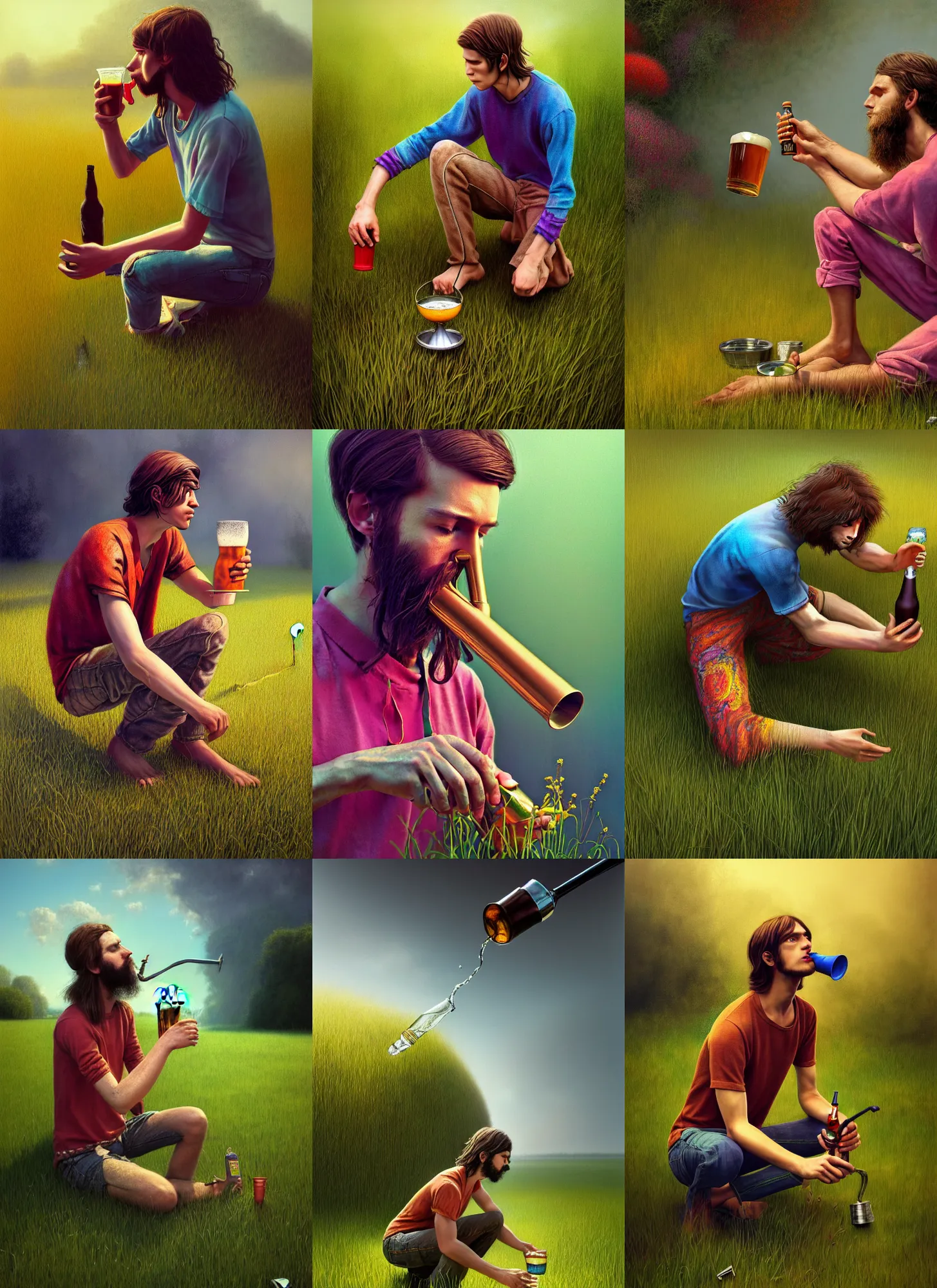 Prompt: a hippie young man, crouching, drinking beer from a funnel installed on agarden hose, colourful clothes, grass, smooth, subtle shadows, fine details, octane render, stunning, intricate, elegant, highly detailed, digital painting, artstation, smooth, sharp focus, raw, art by zdzislaw beksinski