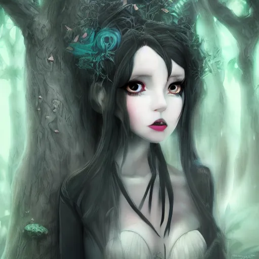 Image similar to portrait of beautiful darkness witch 3D anime girl, dark forest background, inspired by Tim Burton, digital painting, unreal engine render, volumetric light, high détail
