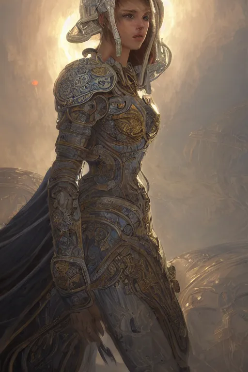 Image similar to portrait knights of Zodiac girl, silver and ice color reflected armor, in ruined Agora of Athens, ssci-fi, fantasy, intricate, very very beautiful, elegant, golden light, highly detailed, digital painting, artstation, concept art, smooth, sharp focus, illustration, art by WLOP and tian zi and alphonse mucha