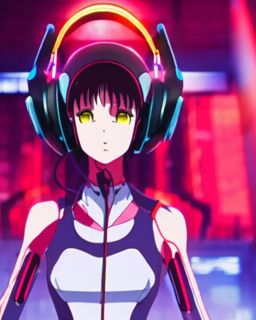 Image similar to rei from neon genesis evangelion, wearing a cybernetic headset, eyes closed, cyberpunk background, dramatic lighting, octane, 8 k