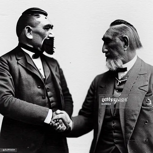 Prompt: a tattooed maori dignitary shakes hands with a 2 0 th century industrialist, colorized 1 9 0 4 photo, kodak camera, historical event, credit the national archives of the united kingdom