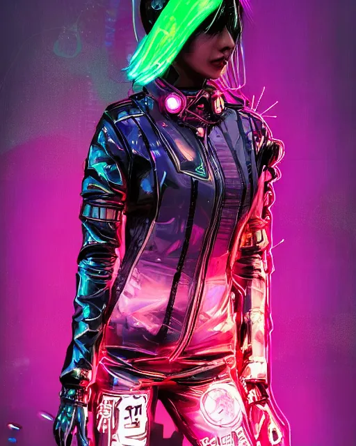 Image similar to detailed portrait Neon Operator Girl, cyberpunk futuristic neon, reflective catsuit, decorated with traditional Japanese ornaments by Ismail inceoglu dragan bibin hans thoma !dream detailed portrait Neon Operator Girl, cyberpunk futuristic neon, reflective puffy coat, decorated with traditional Japanese ornaments by Ismail inceoglu dragan bibin hans thoma greg rutkowski Alexandros Pyromallis Nekro Rene Maritte Illustrated, Perfect face, fine details, realistic shaded, fine-face, pretty face