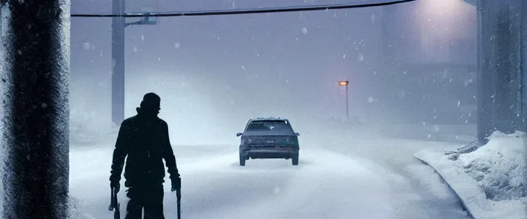 Image similar to Audi A4 B6 Avant (2002), a gritty neo-noir, dramatic lighting, cinematic, eerie person silhouette, death, homicide, homicide in the snow, gunshots, establishing shot, extremely high detail, photorealistic, cinematic lighting, artstation, by simon stalenhag, Max Payne (PC) (2001) winter new york at night, Max Payne 2 graphic novel style, flashing lights, Poets of the Fall - Late Goodbye